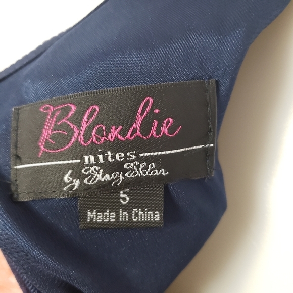 Blondie Nites Stacy Sklar navy blue formal dress openback rhinestone high slit 5 - Picture 11 of 13